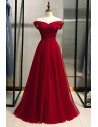 Burgundy Sequins Top Off Shoulder Long Prom Dress With Laceup - MYS79031
