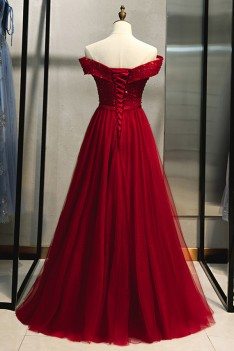 Burgundy Sequins Top Off Shoulder Long Prom Dress With Laceup - MYS79031