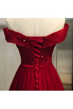 Burgundy Sequins Top Off Shoulder Long Prom Dress With Laceup - MYS79031