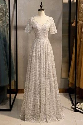 Modest Vneck Long Formal Sequins Evening Dress With Sleeves - MYS78061