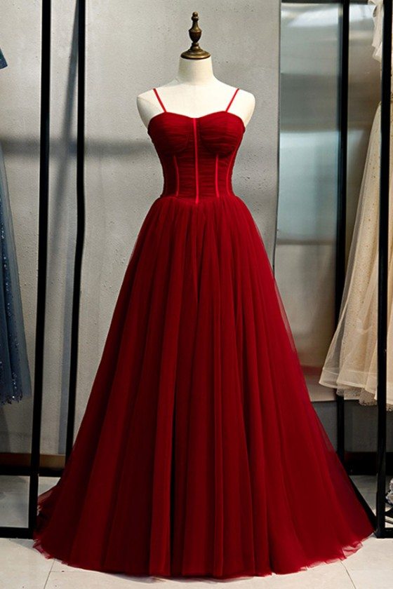 Burgundy Long Tulle Ballgown Prom Dress With Straps - MYS79049