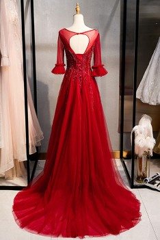 Burgundy Formal Long Beaded Evening Dress With Illusion Neck - MYS79068