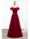Burgundy Long Red Aline Party Dress With Off Shoulder - MYS67017