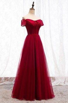 Burgundy Long Red Aline Party Dress With Off Shoulder - MYS67017