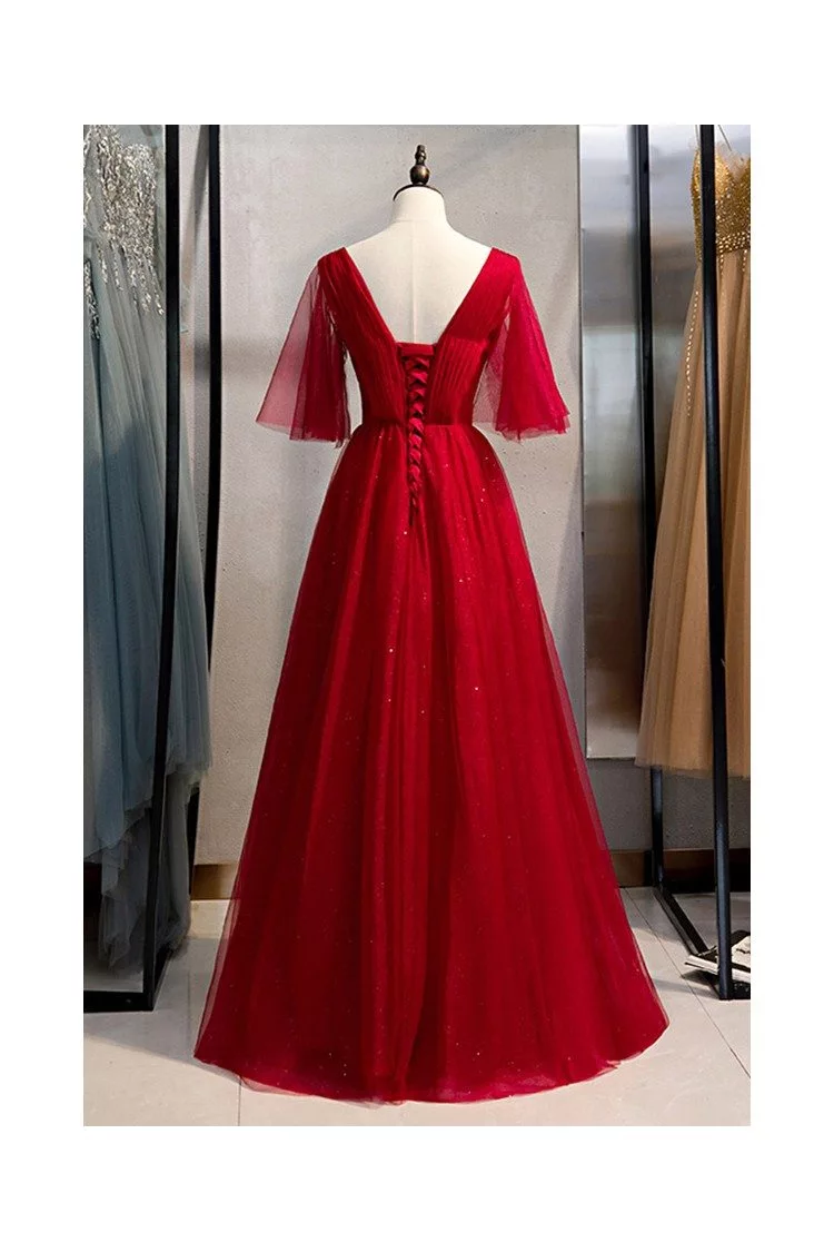 Vneck Modest Long Party Dress Burgundy With Puffy Sleeves - $126.379 # ...