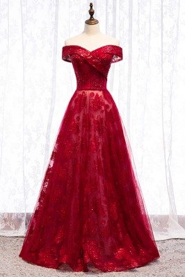 Long Formal Burgundy Sequins Evening Dress With Off Shoulder - MYS79030