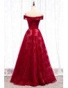 Long Formal Burgundy Sequins Evening Dress With Off Shoulder - MYS79030