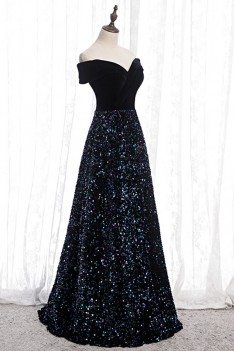 Sparkly Sequins Navy Blue Aline Long Prom Dress Off Shoulder - MYS78087