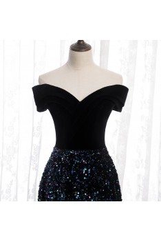 Sparkly Sequins Navy Blue Aline Long Prom Dress Off Shoulder - MYS78087