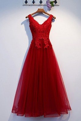 Long Tulle Aline Prom Dress With Lace Top Vneck - MYS69015