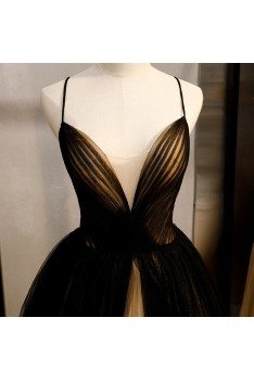 Formal Black With Champagne Tulle Prom Dress Vneck With Straps - MYS78046