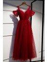 Long Tulle Party Dress Burgundy With Bubble Sleeves - MYS79047