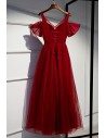 Long Tulle Party Dress Burgundy With Bubble Sleeves - MYS79047