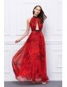 Red Printed Long Halter Open Back Prom Dress - CK457