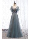 Dusty Grey Long Tulle Prom Dress With Tulle Sleeves - MYS67002