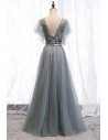 Dusty Grey Long Tulle Prom Dress With Tulle Sleeves - MYS67002
