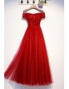 Formal Long Red Tulle Prom Dress With Off Shoulder Sleeves - MYS69049