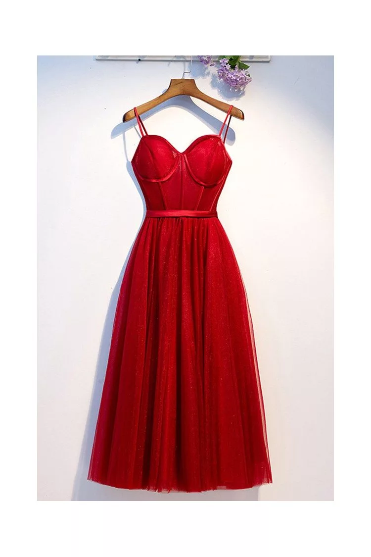 Red Glitter Tulle Puff Sleeve Midi Christmas Party Gown - Xdressy
