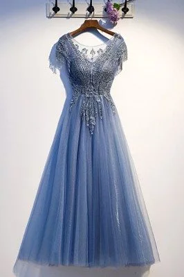 Luxe Blue Tulle Long Prom Dress With Beaded Top - MYS67012