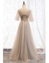 Beaded Vneck Champagne Tulle Long Prom Dress With Sleeves - MYS69096