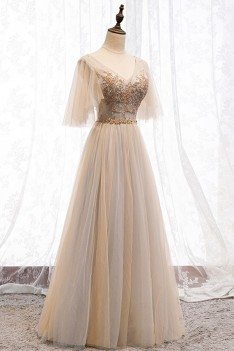 Beaded Vneck Champagne Tulle Long Prom Dress With Sleeves - MYS69096