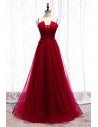 Burgundy Long Tulle Flowy Prom Dress With Spaghetti Straps - MYS79004