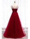 Burgundy Long Tulle Flowy Prom Dress With Spaghetti Straps - MYS79004