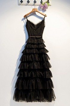 Long Black Sweetheart Aline Party Dress With Layers Straps - MYS69030