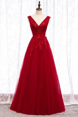 Formal Burgundy Aline Long Tulle Prom Dress With Double Vneck And Back - MYS79012