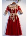 Short Burgundy Red Tulle Wedding Party Dress With Gold Embroidery - MYS69007