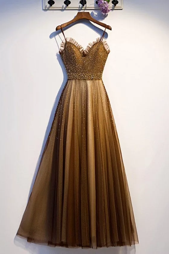 Brown Tulle Beaded Long Prom Dress Aline With Straps - MYS67013