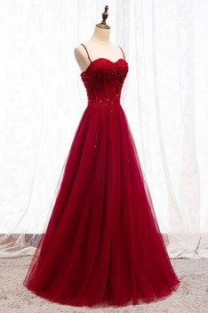 Aline Long Tulle Burgundy Evening Dress With Spaghetti Straps - MYS67016
