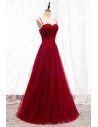 Aline Long Tulle Burgundy Evening Dress With Spaghetti Straps - MYS67016