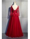 Ballgown Burgundy Beaded Lace Long Formal Dress With Long Sheer Sleeves - MYS68004