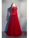 Ballgown Burgundy Beaded Lace Long Formal Dress With Long Sheer Sleeves - MYS68004