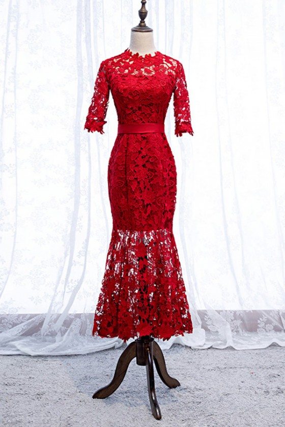 Gorgeous Red Lace Mermaid Tea Length Party Dress With Sleeves - $86.779 ...