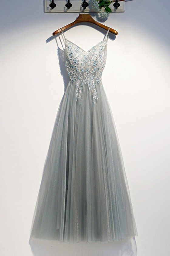 Grey Long Tulle Party Prom Dress With Sequins Beading - MYS79050