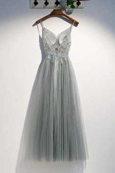 Grey Long Tulle Party Prom Dress With Sequins Beading - MYS79050
