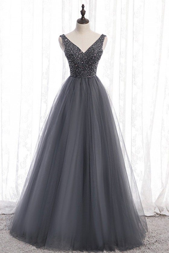 Formal Long Grey Sparkly Prom Dress Tulle With Vneck - MYS78077