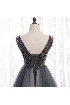 Formal Long Grey Sparkly Prom Dress Tulle With Vneck - MYS78077