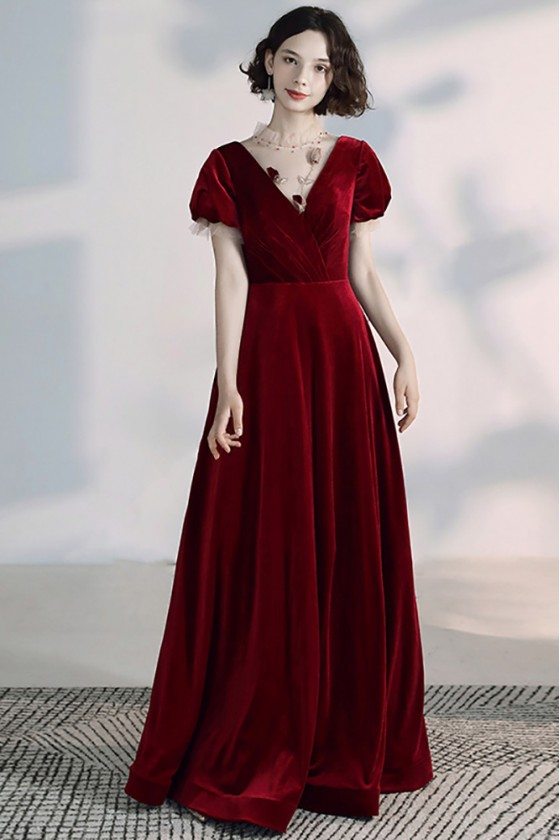 Simple Velvet Vneck Long Burgundy Formal Dress With Sleeves - $128.89 # ...
