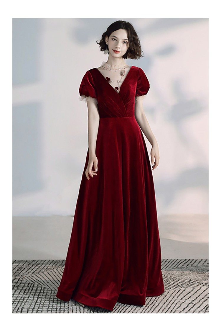 Simple Velvet Vneck Long Burgundy Formal Dress With Sleeves - $128.89 # ...