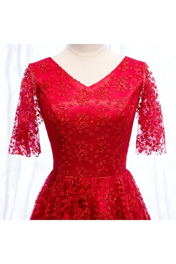 Pretty Red Lace Vneck Party Dress Tea Length With Sleeves - $82.379 # ...