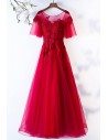Sheer Neck Lace Aline Long Burgundy Prom Dress With Tulle Sleeves - MYS68006