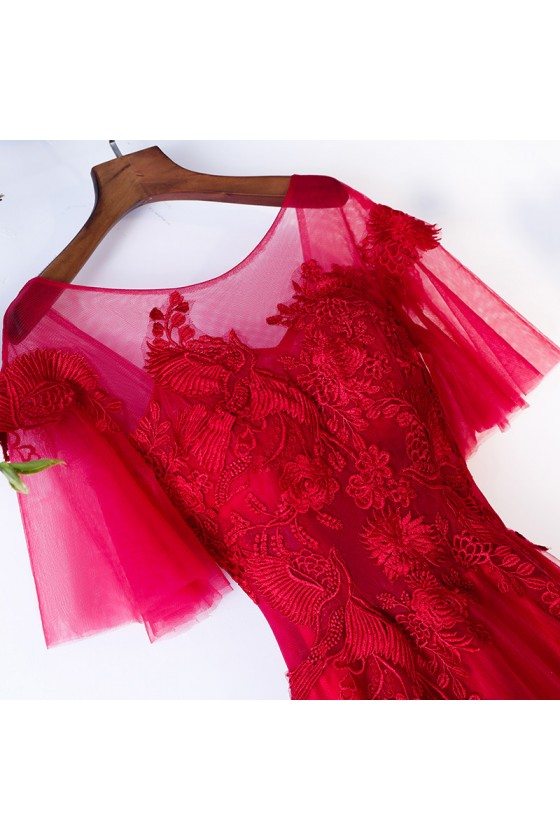 Tulle A Line Sheer Burgundy V Neck Lace Prom Dress
