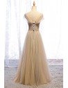 Elegant Champagne Gold Long Tulle Prom Dress With Beading - MYS69064