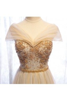 Elegant Champagne Gold Long Tulle Prom Dress With Beading - MYS69064