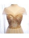 Elegant Champagne Gold Long Tulle Prom Dress With Beading - MYS69064