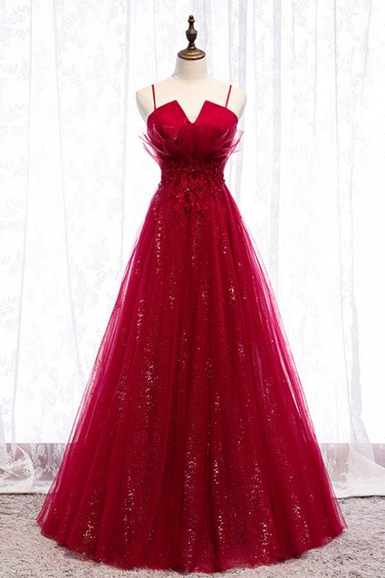 Flowy Long Tulle Sequins Burgundy Prom Dress With Straps - MYS79005