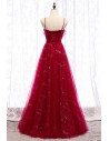 Flowy Long Tulle Sequins Burgundy Prom Dress With Straps - MYS79005
